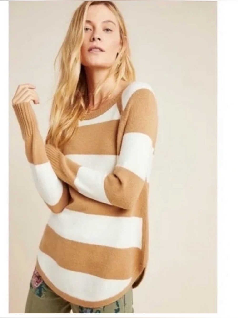 Anthropologie Striped Crewneck Scoop Hem Tunic in Camel and White